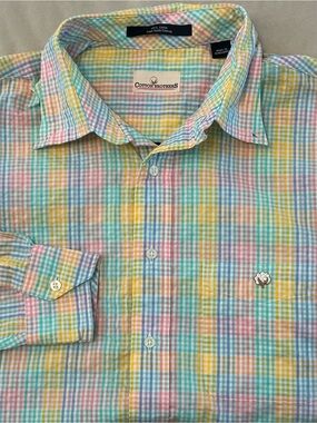 Cotton Brothers Men Large Plaid Shirt Pastel Rainbow Gingham Long Sleeve Cotton